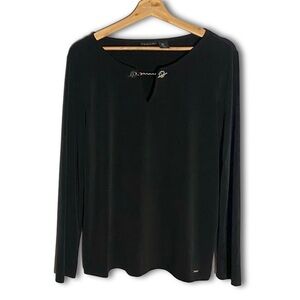 Tahari Black Stretchy Liquid Knit Silver-Detailed Blouse